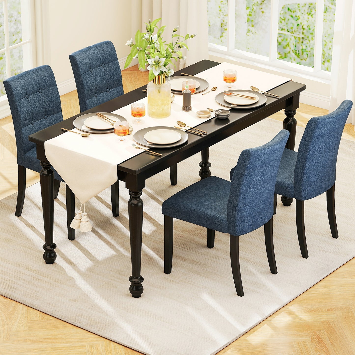 Upholstered Tufted Dining Chairs with High Back and Solid Wood Legs Set of 2