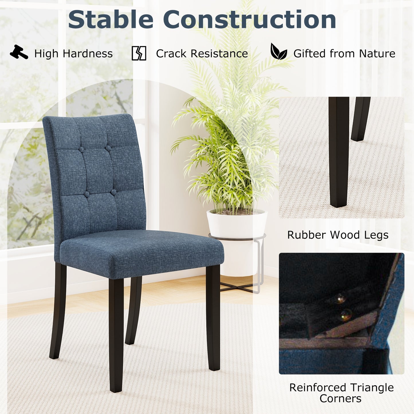 Upholstered Tufted Dining Chairs with High Back and Solid Wood Legs Set of 2
