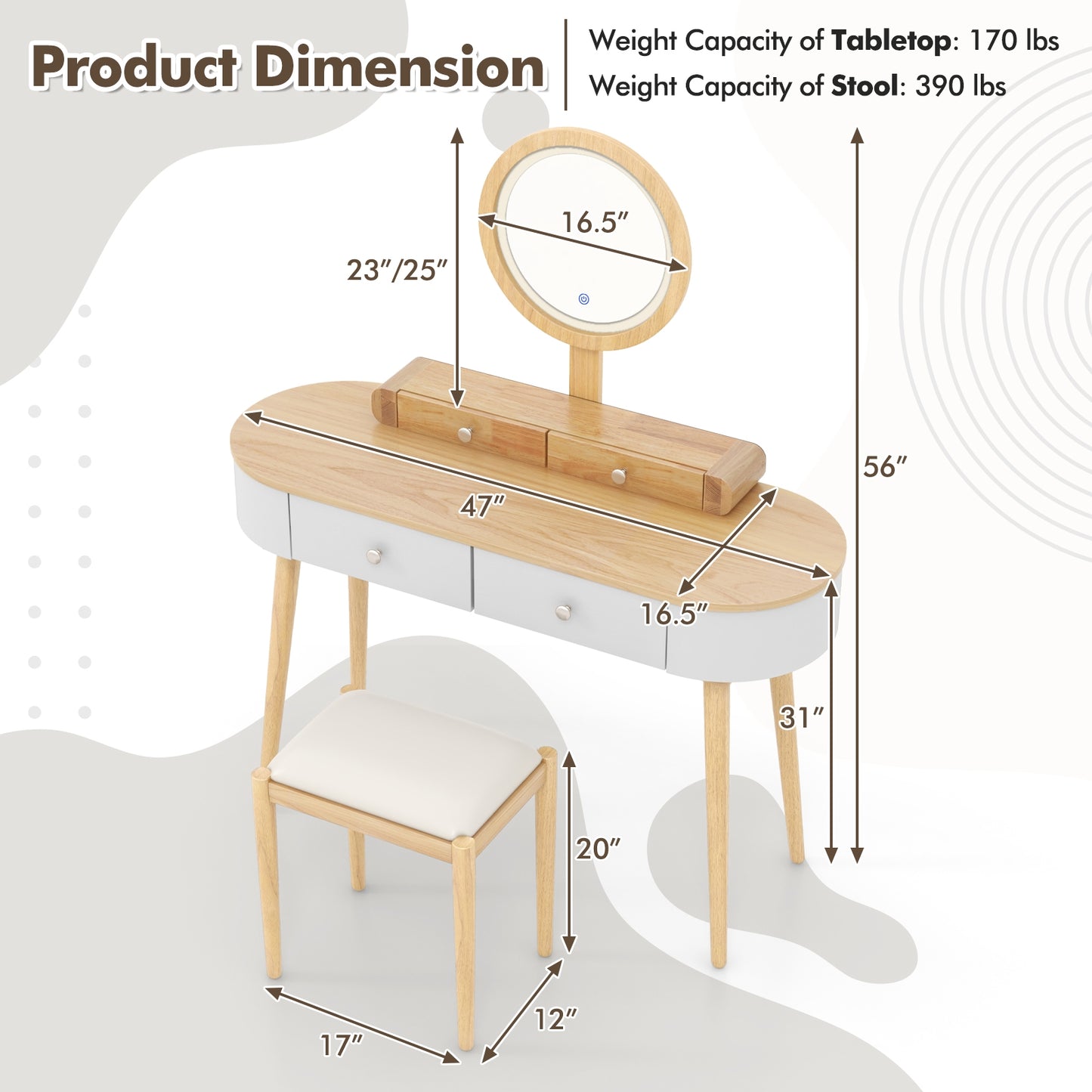 Makeup Vanity Table Set with Adjustable LED Mirror, Cushioned Stool and 4 Storage Drawers – White & Natural