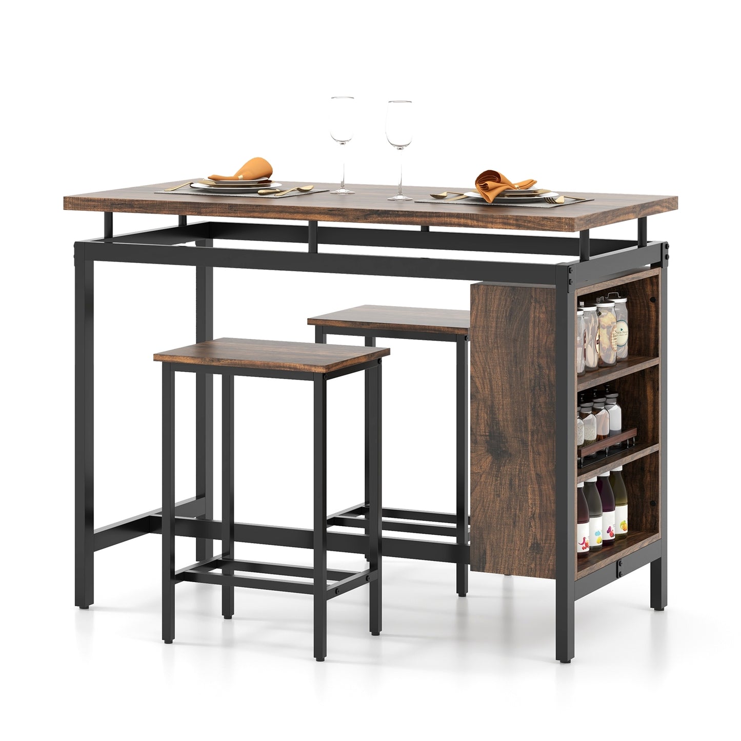 3 Piece Counter Height Dining Set with 3 Tier Storage Shelves and Durable Metal Frame