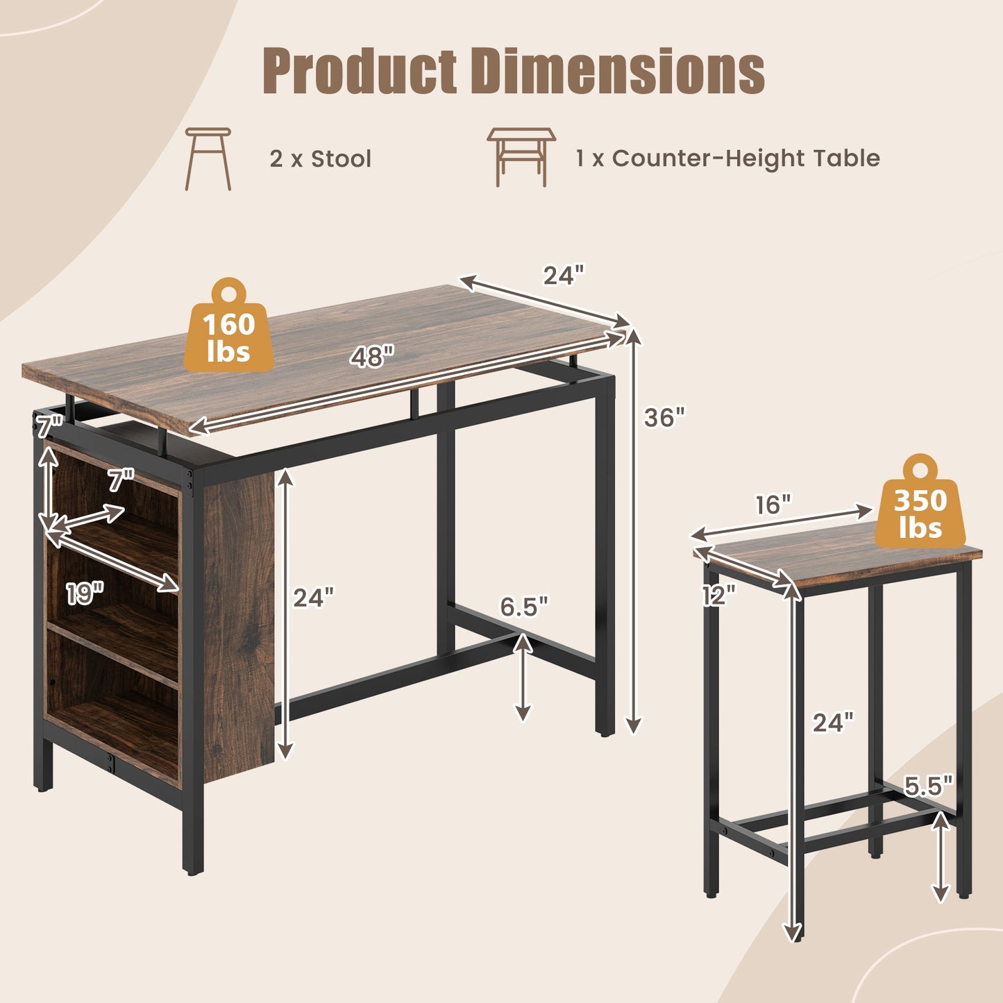 3 Piece Counter Height Dining Set with 3 Tier Storage Shelves and Durable Metal Frame