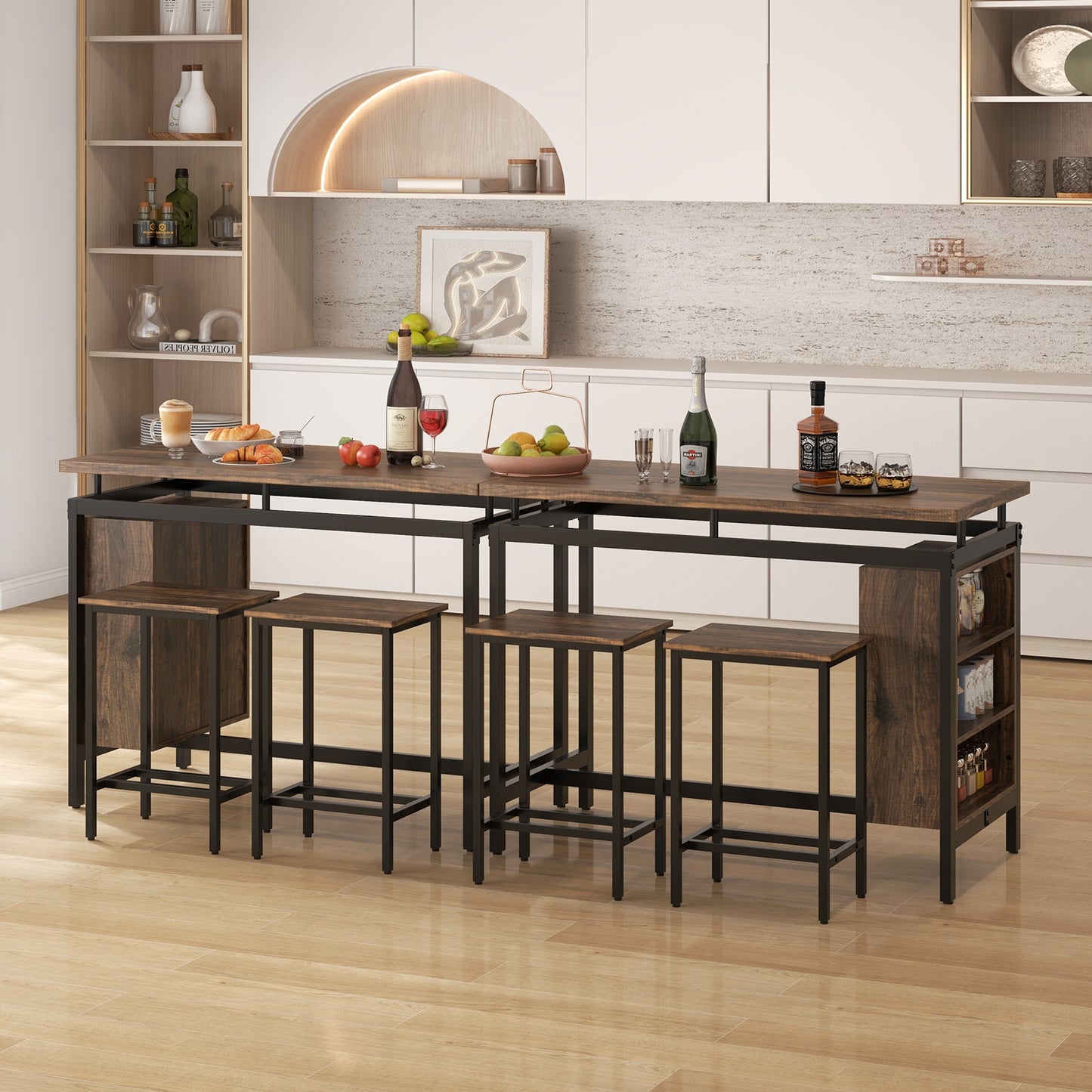 3 Piece Counter Height Dining Set with 3 Tier Storage Shelves and Durable Metal Frame