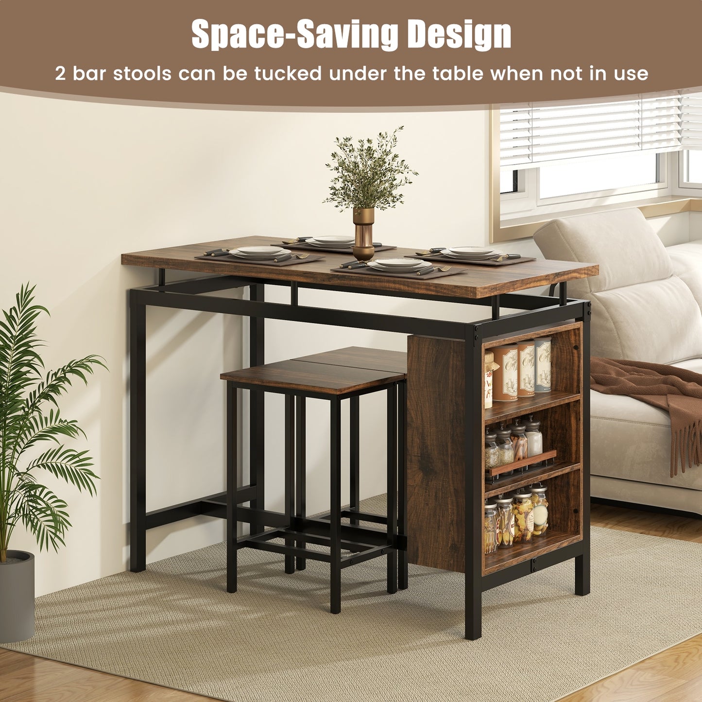 3 Piece Counter Height Dining Set with 3 Tier Storage Shelves and Durable Metal Frame