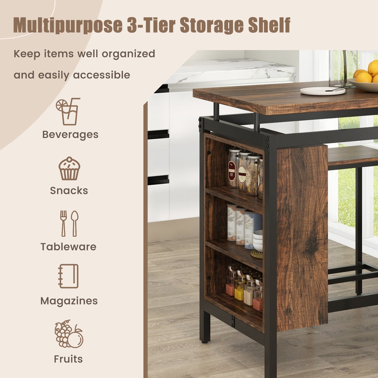 3 Piece Counter Height Dining Set with 3 Tier Storage Shelves and Durable Metal Frame