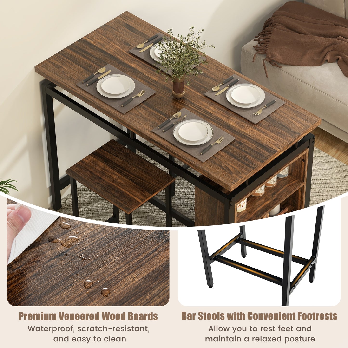 3 Piece Counter Height Dining Set with 3 Tier Storage Shelves and Durable Metal Frame