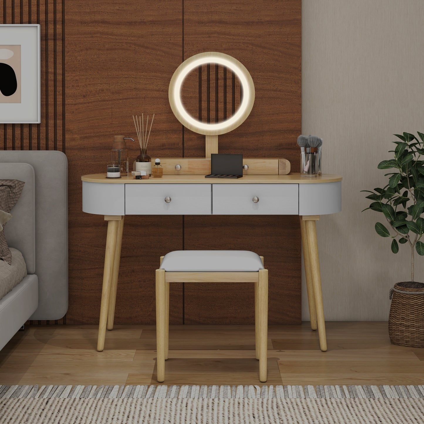 Makeup Vanity Table Set with Adjustable LED Mirror, Cushioned Stool and 4 Storage Drawers – White & Natural