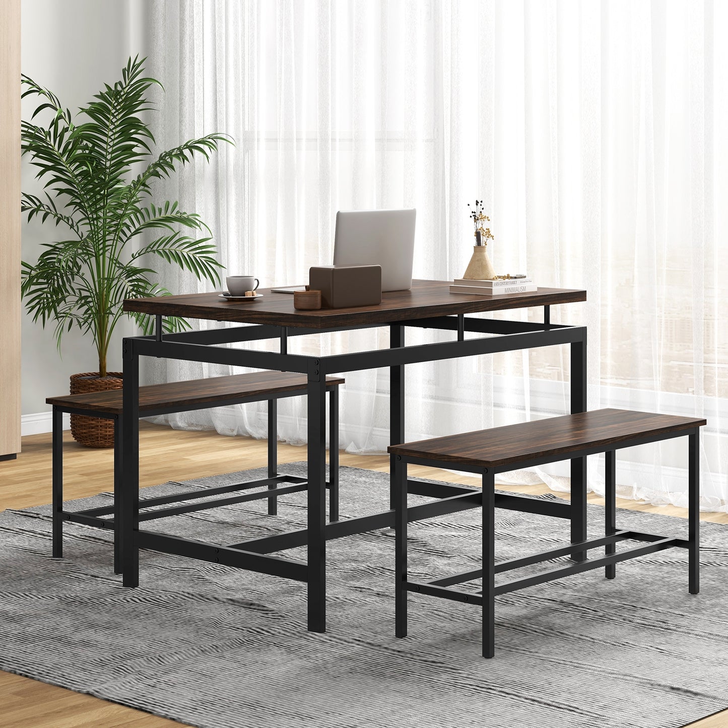 3 Piece Rustic Dining Set with Wooden Kitchen Table and 2 Space-Saving Benches