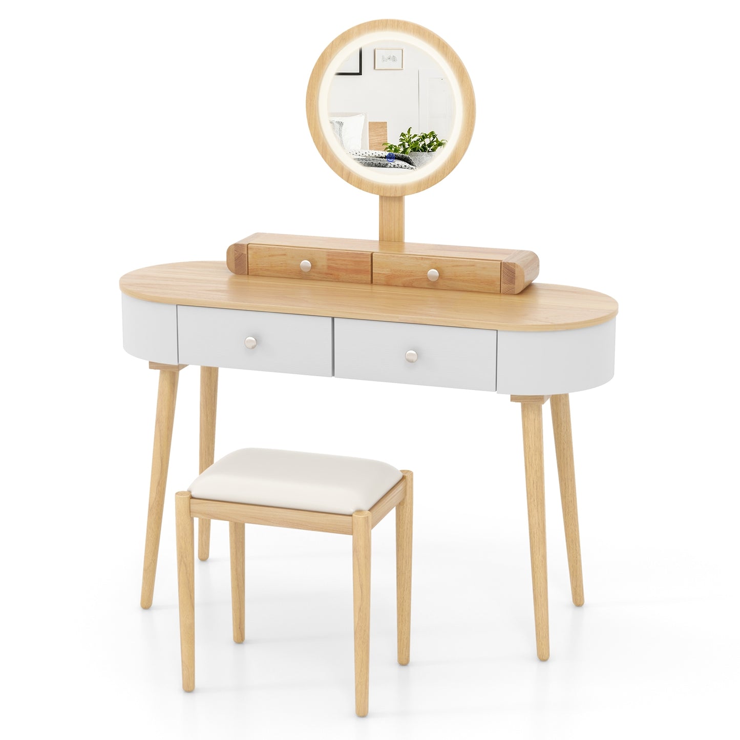 Makeup Vanity Table Set with Adjustable LED Mirror, Cushioned Stool and 4 Storage Drawers – White & Natural