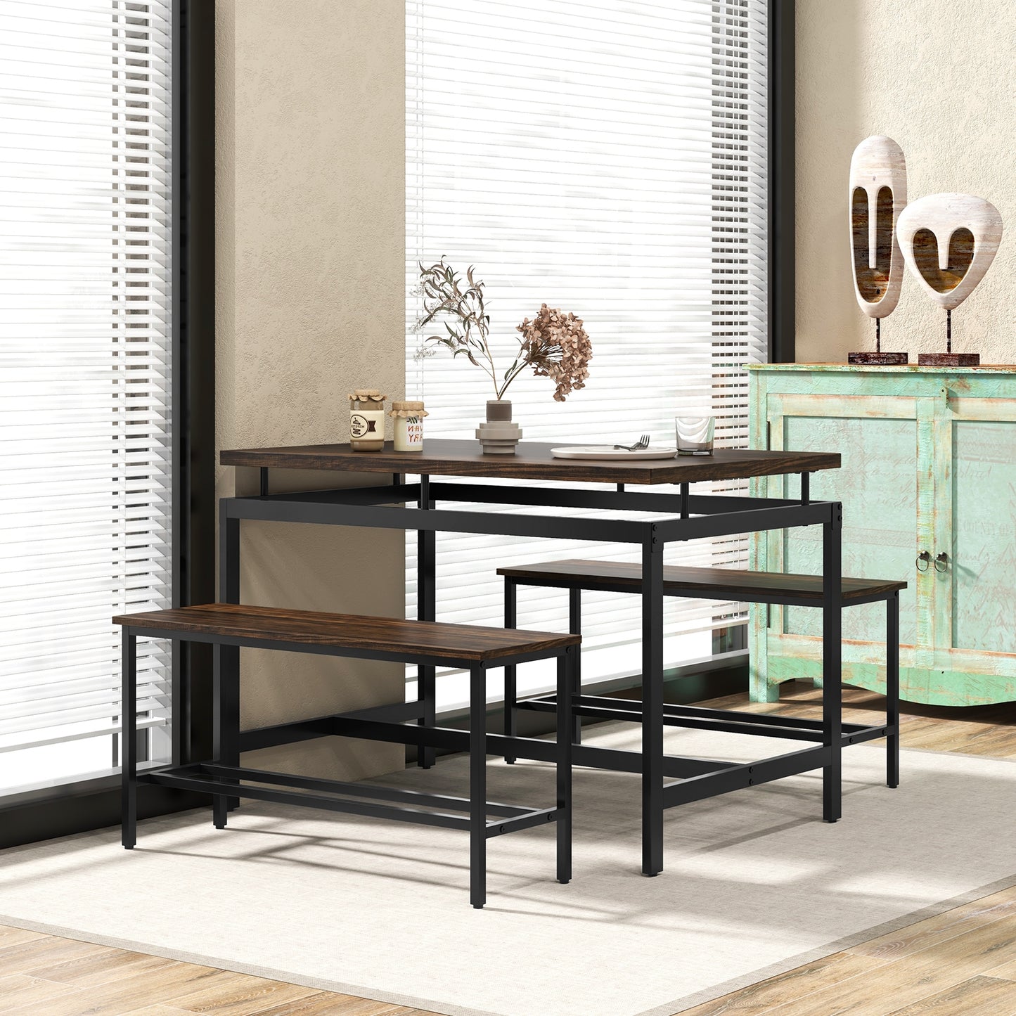 3 Piece Rustic Dining Set with Wooden Kitchen Table and 2 Space-Saving Benches