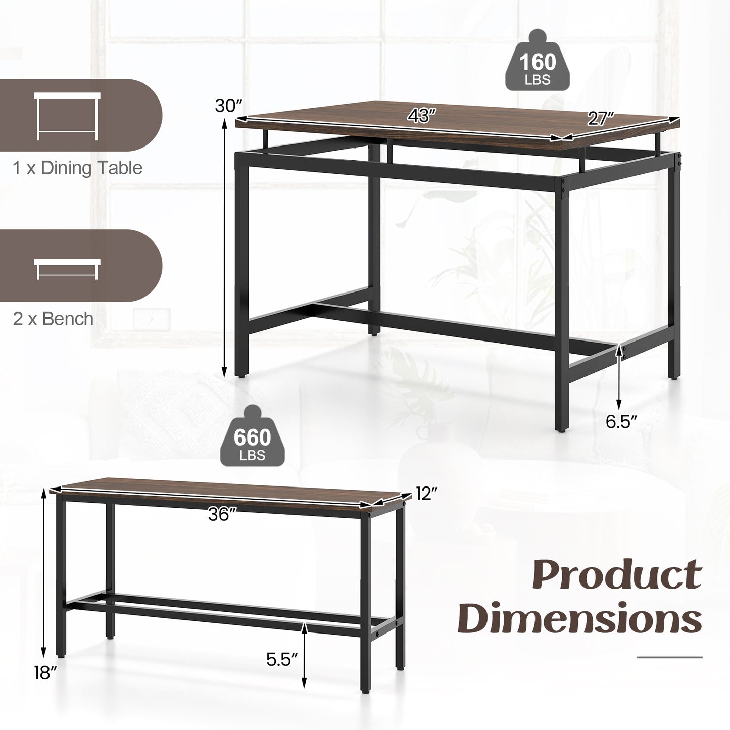 3 Piece Rustic Dining Set with Wooden Kitchen Table and 2 Space-Saving Benches