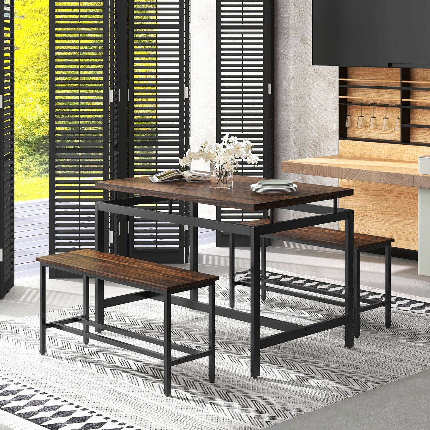 3 Piece Rustic Dining Set with Wooden Kitchen Table and 2 Space-Saving Benches