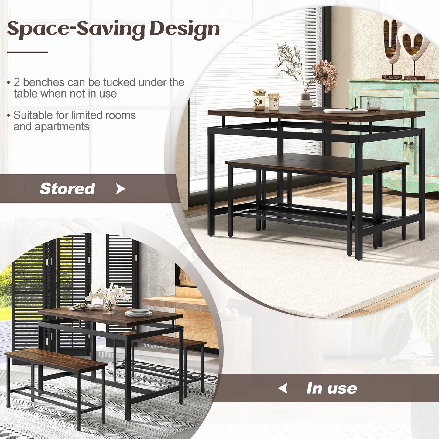 3 Piece Rustic Dining Set with Wooden Kitchen Table and 2 Space-Saving Benches