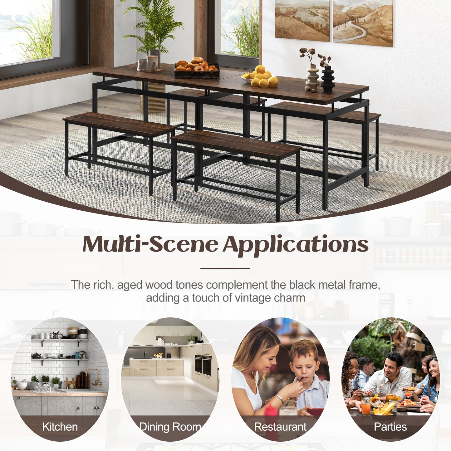 3 Piece Rustic Dining Set with Wooden Kitchen Table and 2 Space-Saving Benches