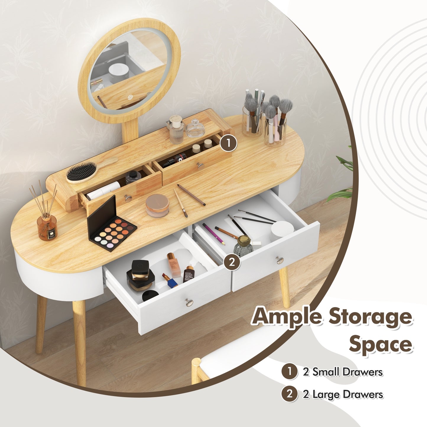 Makeup Vanity Table Set with Adjustable LED Mirror, Cushioned Stool and 4 Storage Drawers – White & Natural