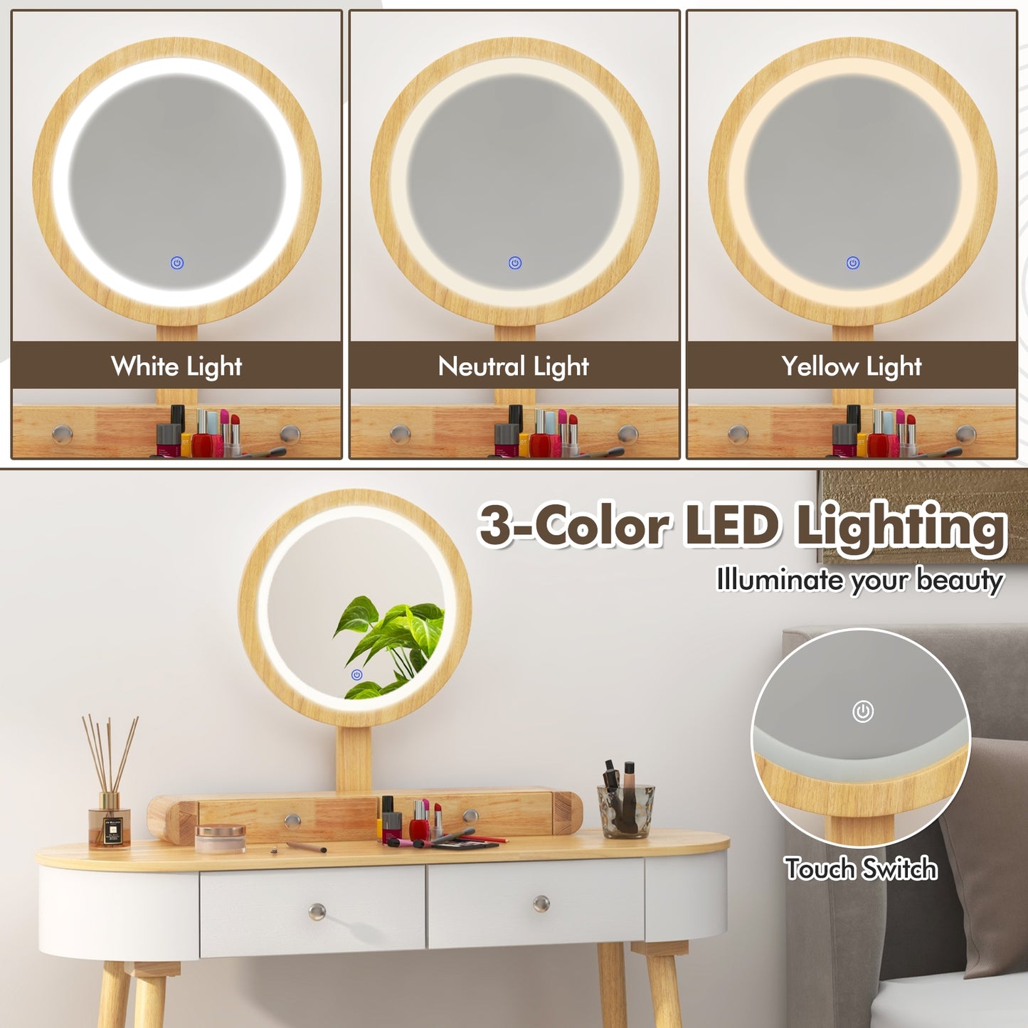 Makeup Vanity Table Set with Adjustable LED Mirror, Cushioned Stool and 4 Storage Drawers – White & Natural