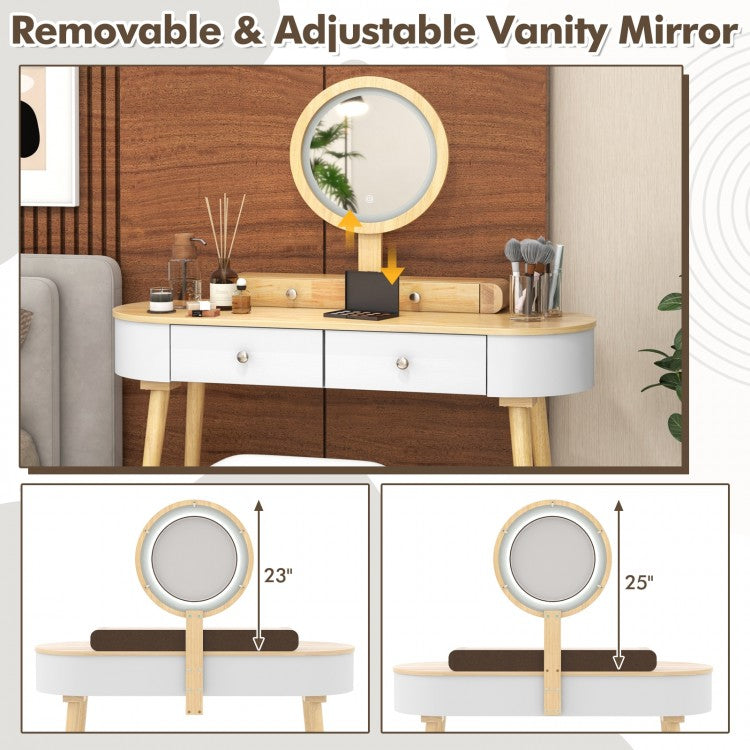 Makeup Vanity Table Set with Adjustable LED Mirror, Cushioned Stool and 4 Storage Drawers – White & Natural
