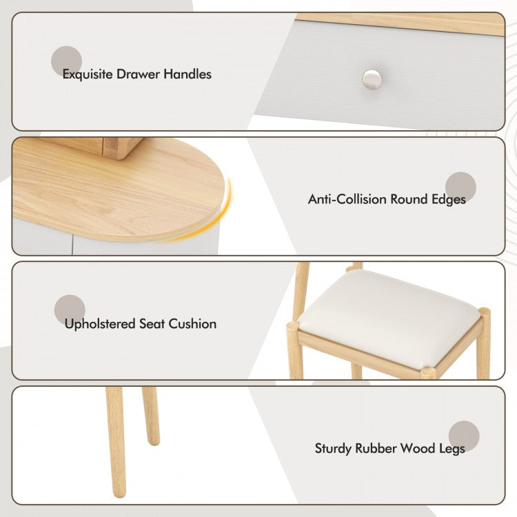Makeup Vanity Table Set with Adjustable LED Mirror, Cushioned Stool and 4 Storage Drawers – White & Natural
