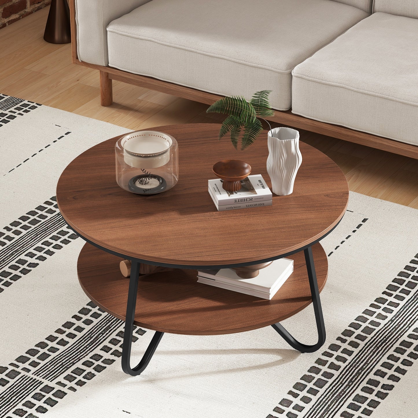 Elegant 33.5 Inch Round Coffee Table with Two-Tier Design, Walnut Finish and Stable V-Leg Metal Frame