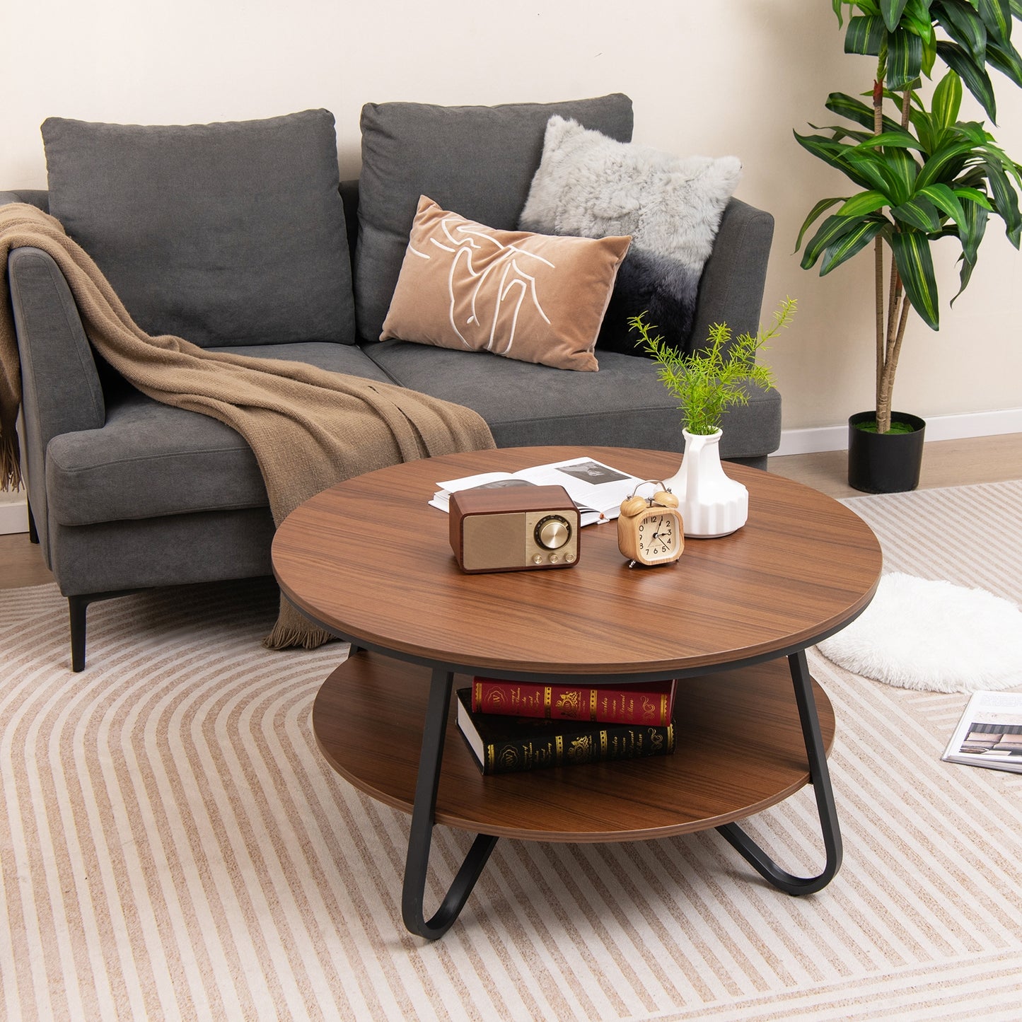 Elegant 33.5 Inch Round Coffee Table with Two-Tier Design, Walnut Finish and Stable V-Leg Metal Frame