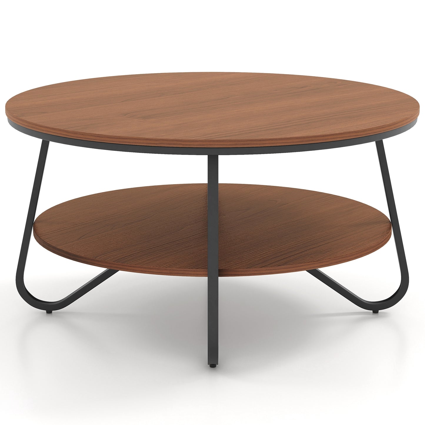 Elegant 33.5 Inch Round Coffee Table with Two-Tier Design, Walnut Finish and Stable V-Leg Metal Frame