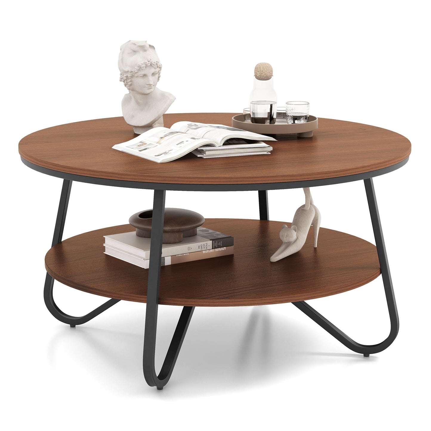 Elegant 33.5 Inch Round Coffee Table with Two-Tier Design, Walnut Finish and Stable V-Leg Metal Frame