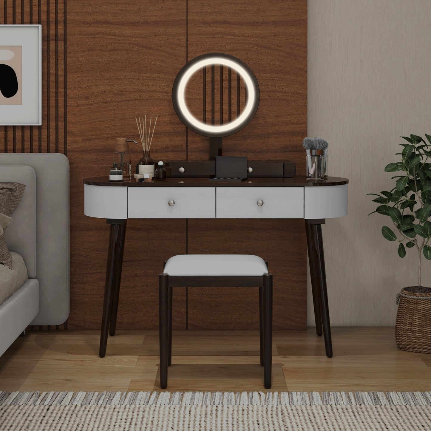 Makeup Vanity Table Set with Adjustable LED Mirror, Cushioned Stool and 4 Storage Drawers – White & Brown