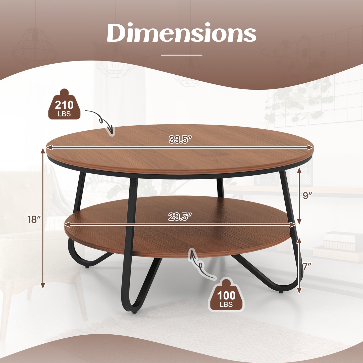 Elegant 33.5 Inch Round Coffee Table with Two-Tier Design, Walnut Finish and Stable V-Leg Metal Frame