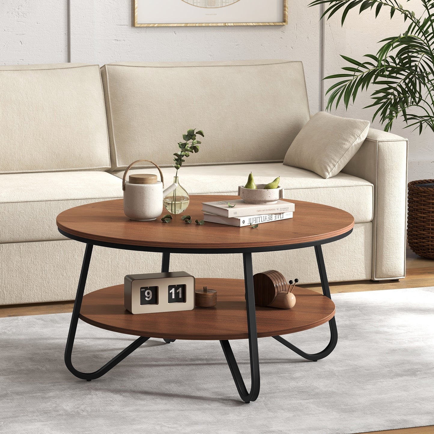 Elegant 33.5 Inch Round Coffee Table with Two-Tier Design, Walnut Finish and Stable V-Leg Metal Frame