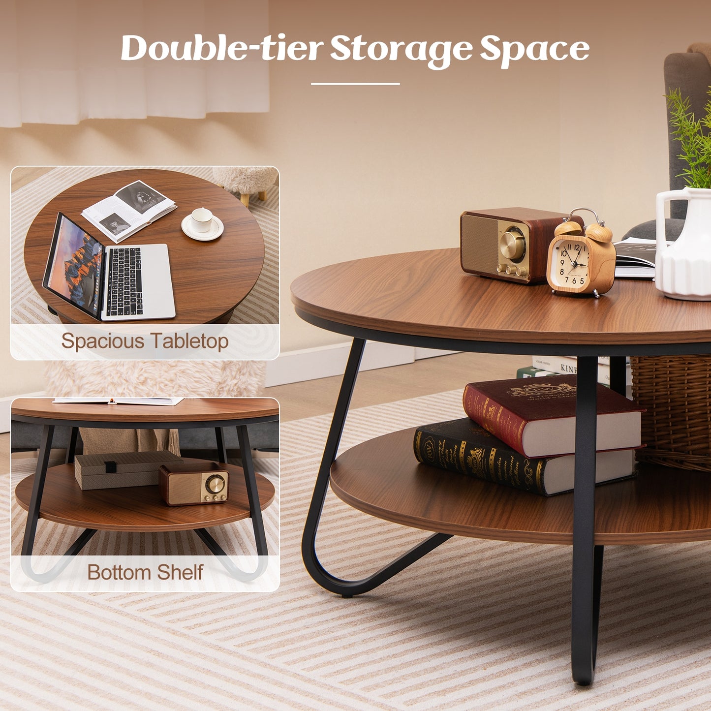 Elegant 33.5 Inch Round Coffee Table with Two-Tier Design, Walnut Finish and Stable V-Leg Metal Frame