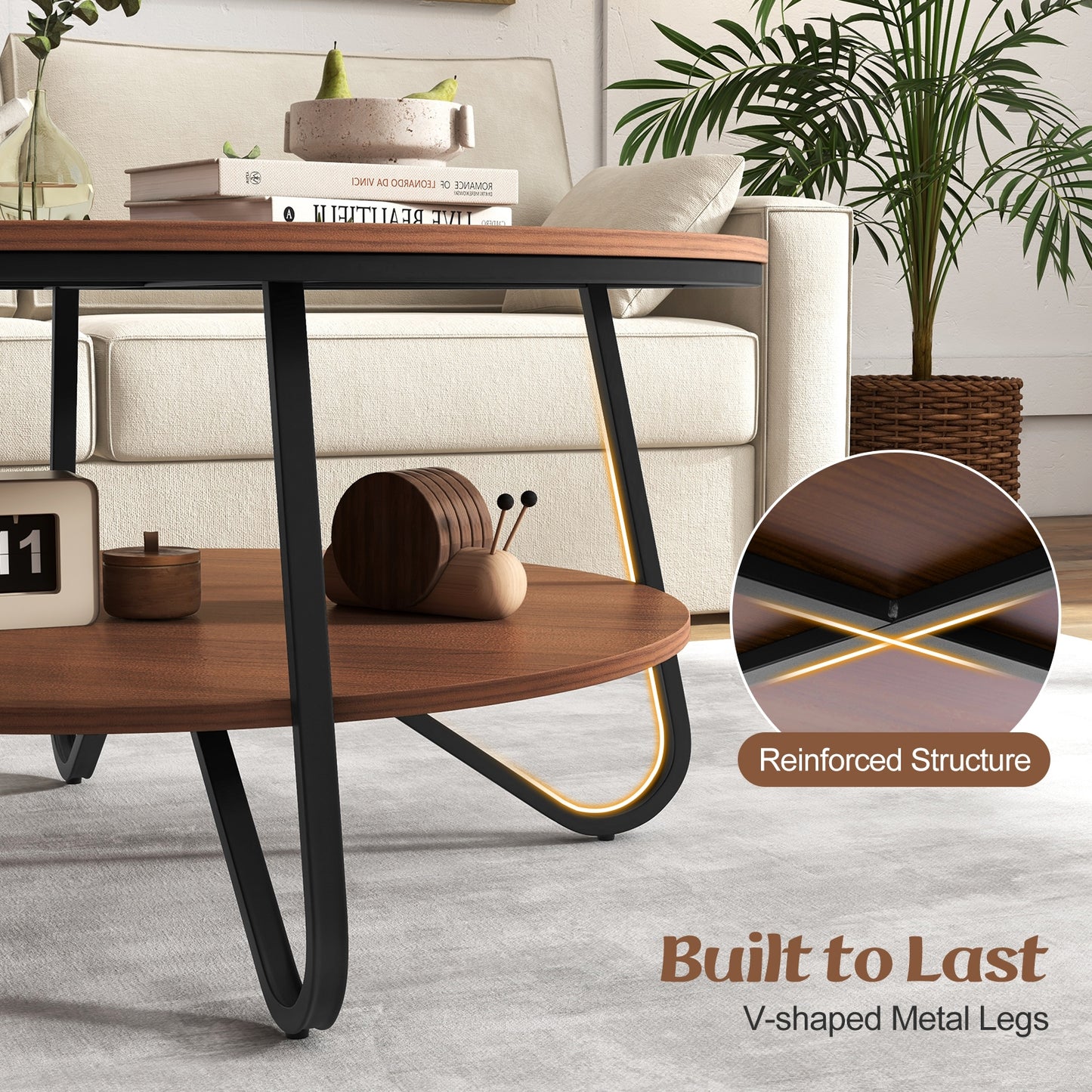 Elegant 33.5 Inch Round Coffee Table with Two-Tier Design, Walnut Finish and Stable V-Leg Metal Frame