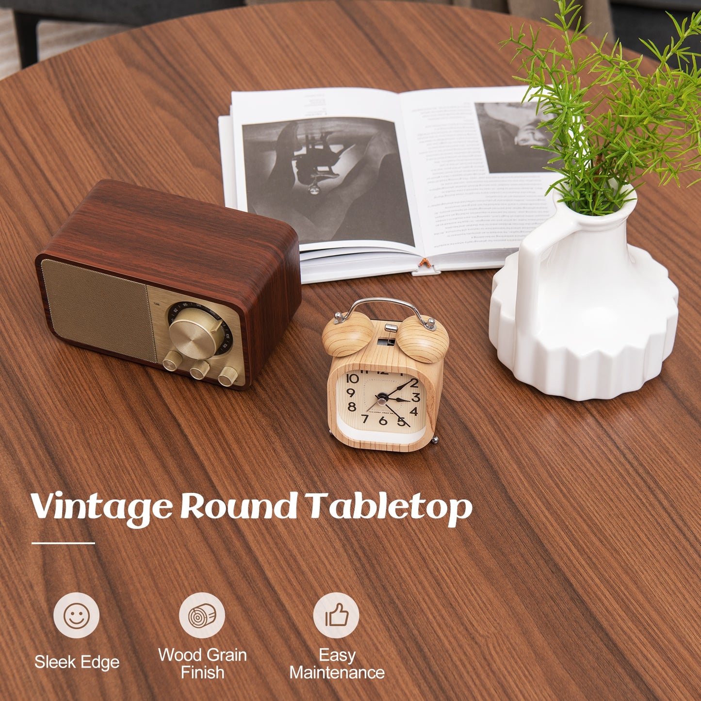 Elegant 33.5 Inch Round Coffee Table with Two-Tier Design, Walnut Finish and Stable V-Leg Metal Frame