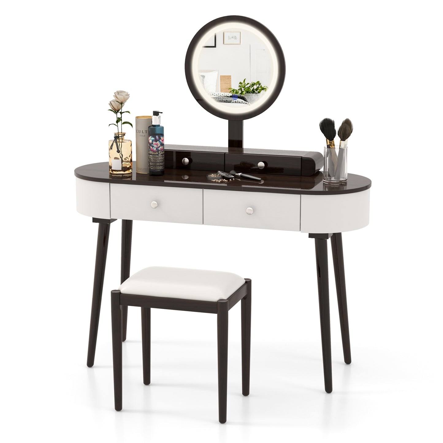 Makeup Vanity Table Set with Adjustable LED Mirror, Cushioned Stool and 4 Storage Drawers – White & Brown