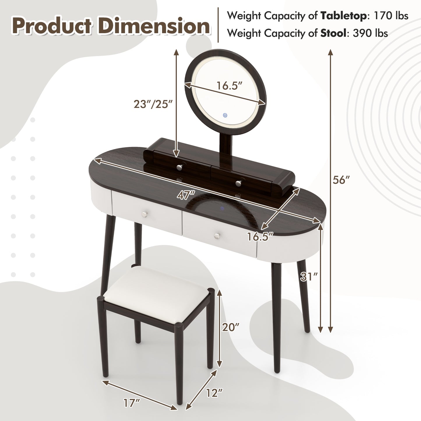 Makeup Vanity Table Set with Adjustable LED Mirror, Cushioned Stool and 4 Storage Drawers – White & Brown