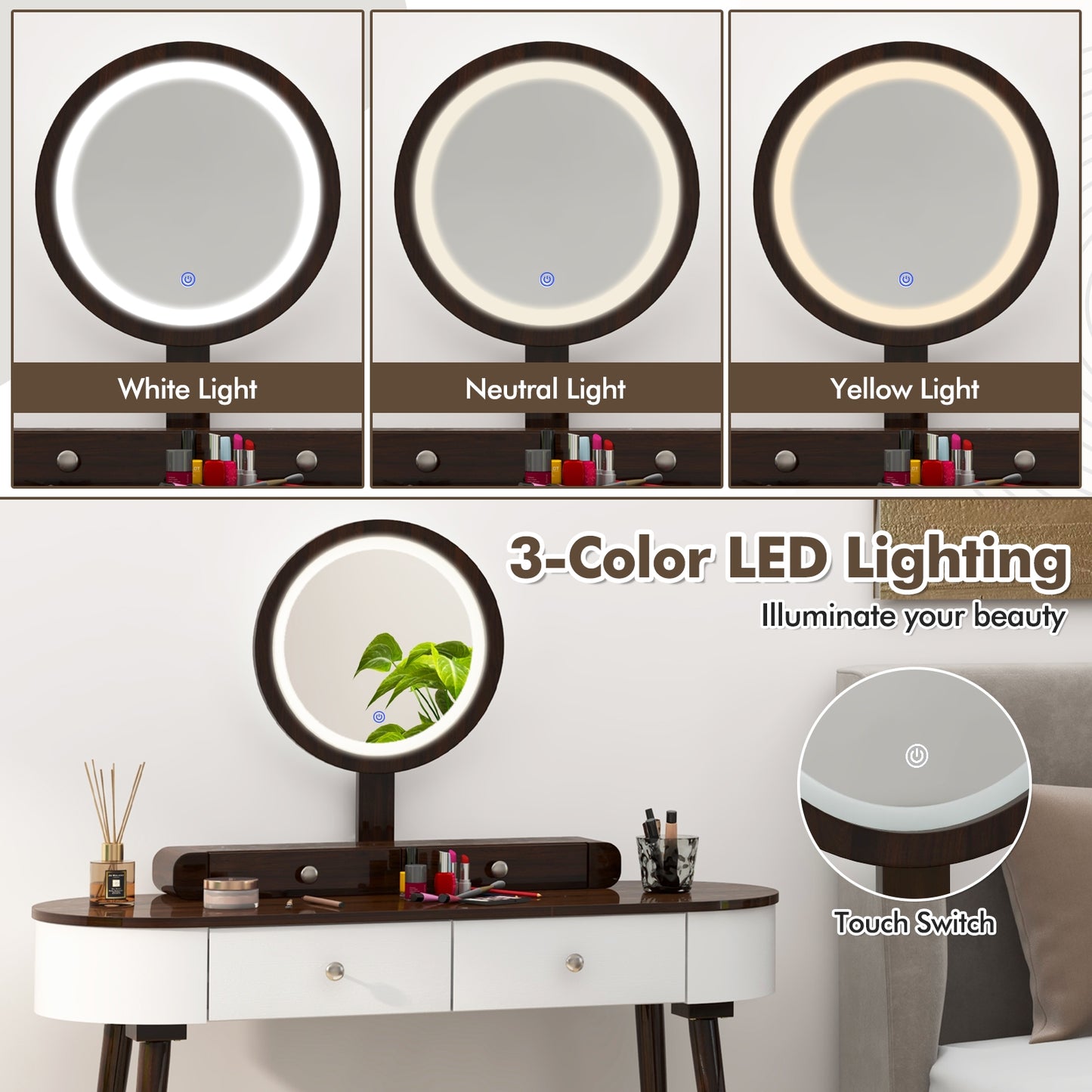 Makeup Vanity Table Set with Adjustable LED Mirror, Cushioned Stool and 4 Storage Drawers – White & Brown