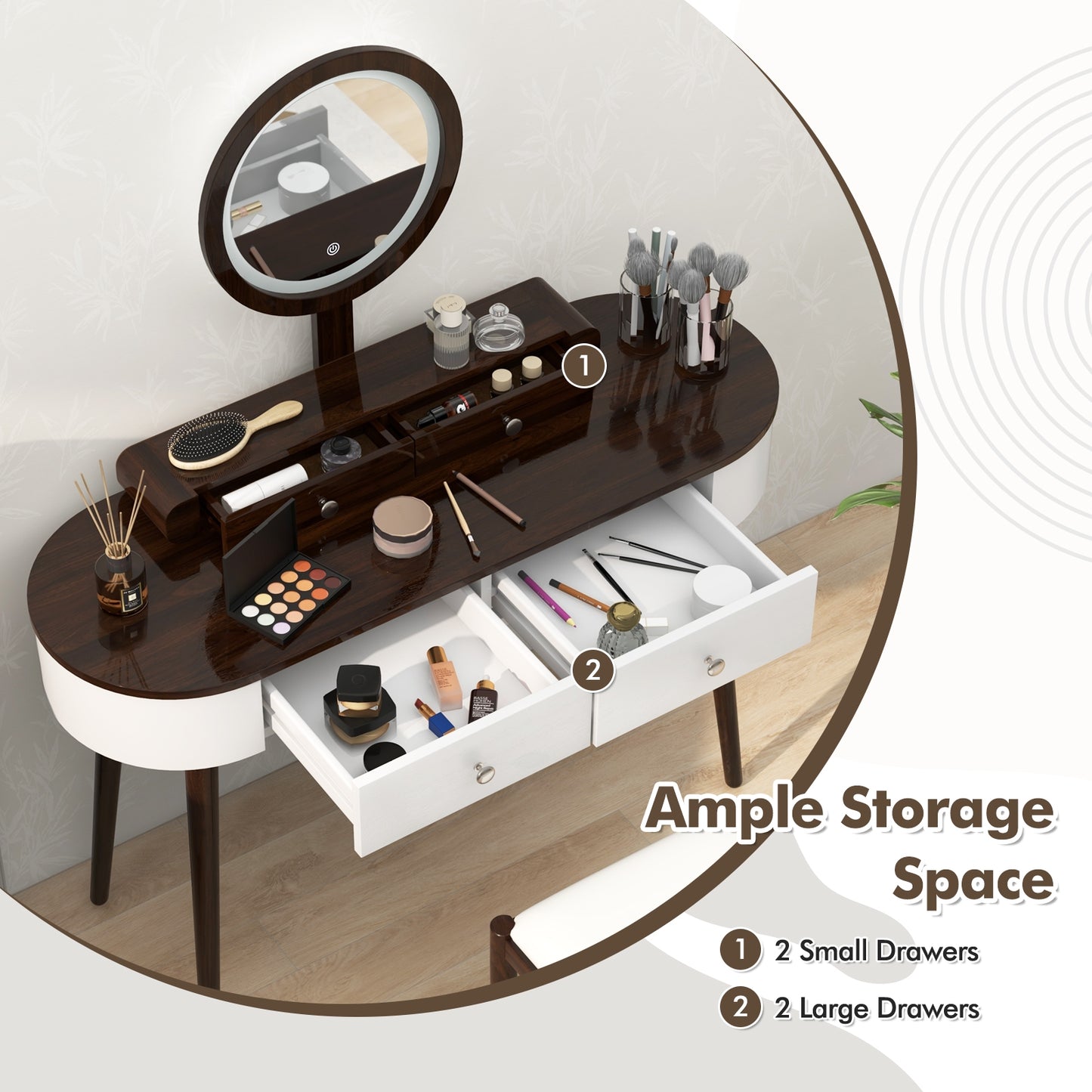 Makeup Vanity Table Set with Adjustable LED Mirror, Cushioned Stool and 4 Storage Drawers – White & Brown