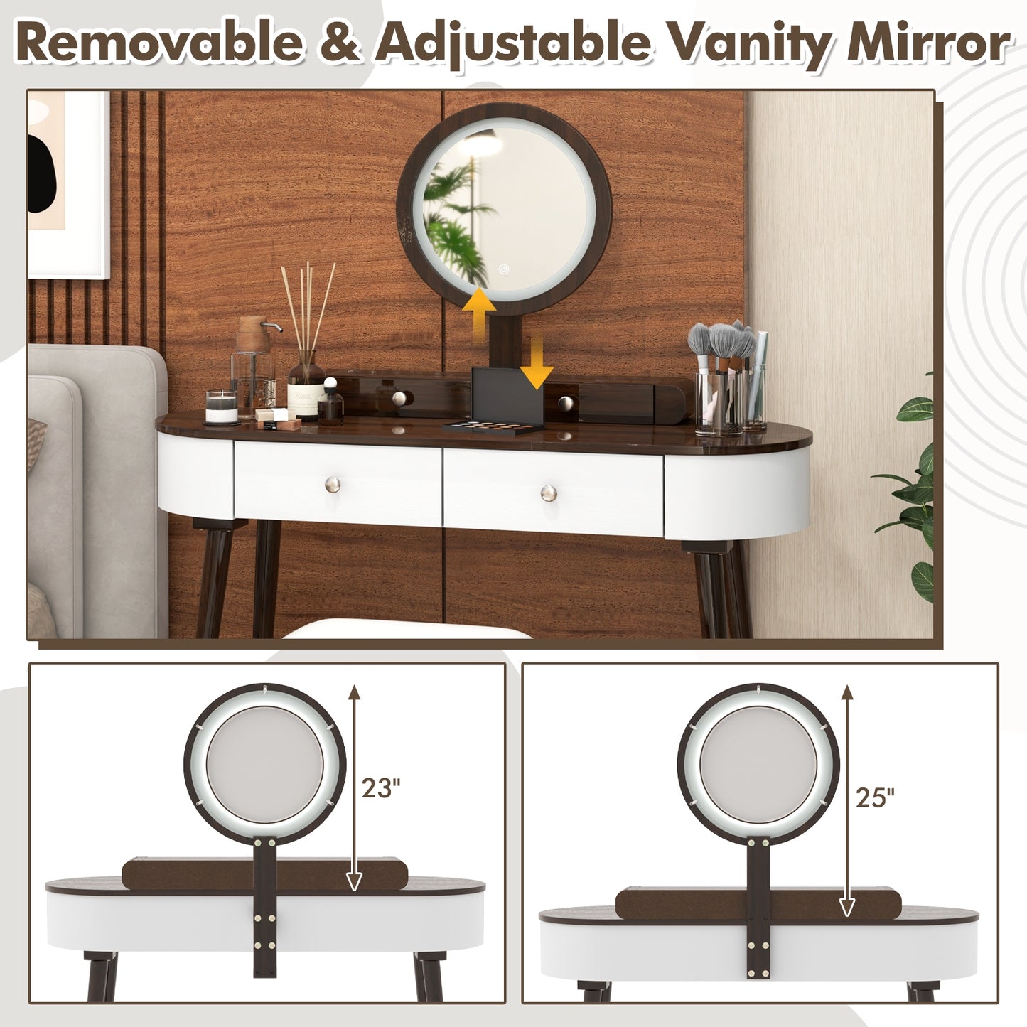 Makeup Vanity Table Set with Adjustable LED Mirror, Cushioned Stool and 4 Storage Drawers – White & Brown