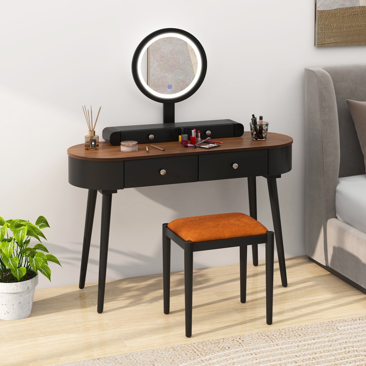 Makeup Vanity Table Set with Adjustable LED Mirror, Cushioned Stool and 4 Storage Drawers – Black & Brown