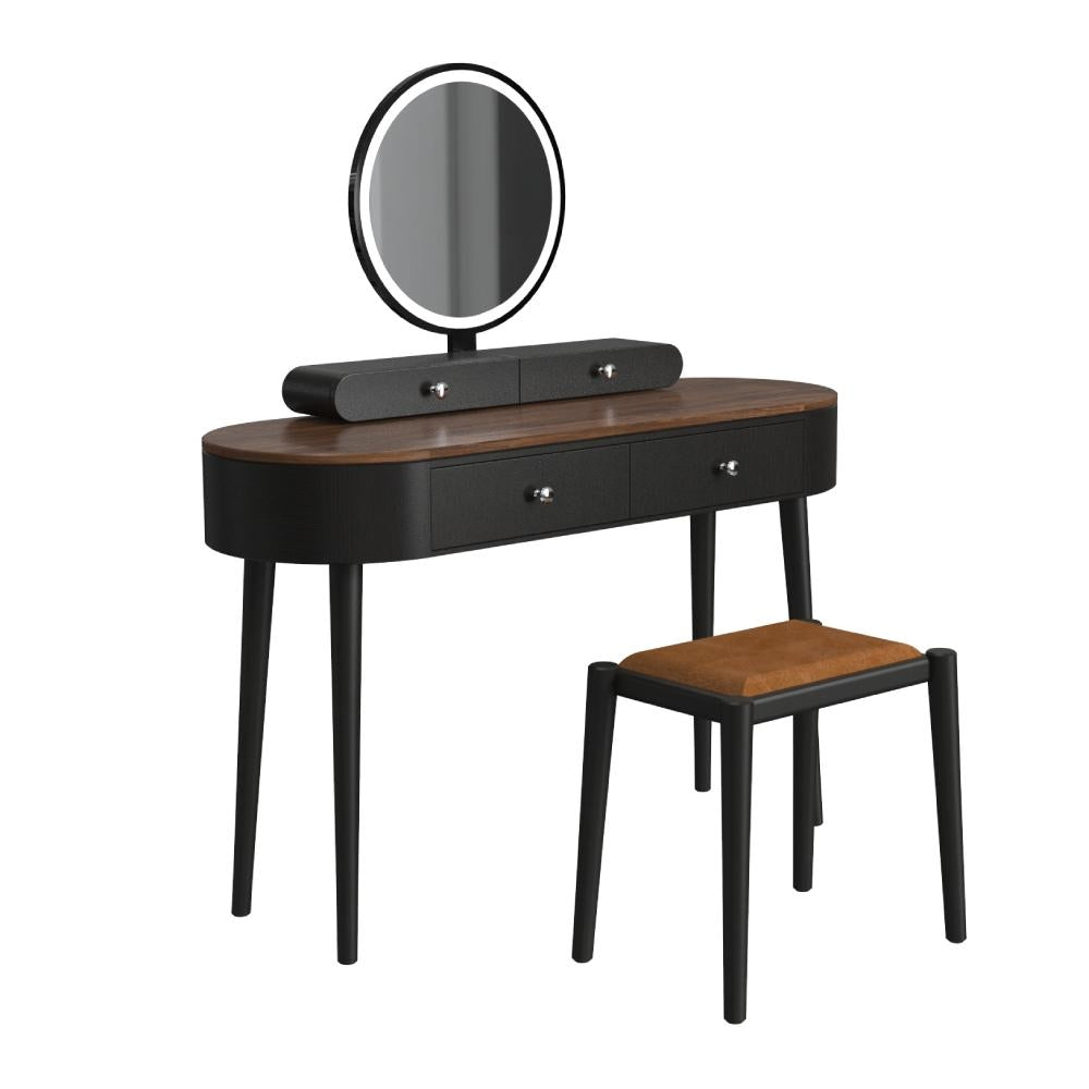 Makeup Vanity Table Set with Adjustable LED Mirror, Cushioned Stool and 4 Storage Drawers – Black & Brown