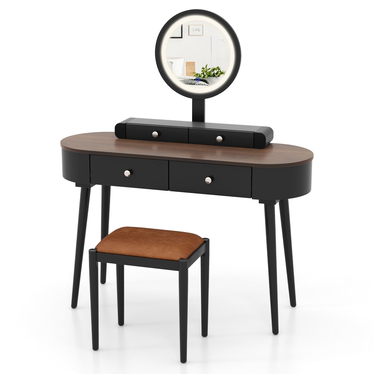 Makeup Vanity Table Set with Adjustable LED Mirror, Cushioned Stool and 4 Storage Drawers – Black & Brown