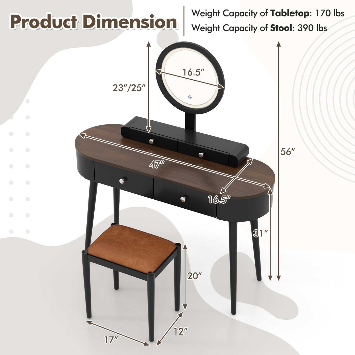 Makeup Vanity Table Set with Adjustable LED Mirror, Cushioned Stool and 4 Storage Drawers – Black & Brown