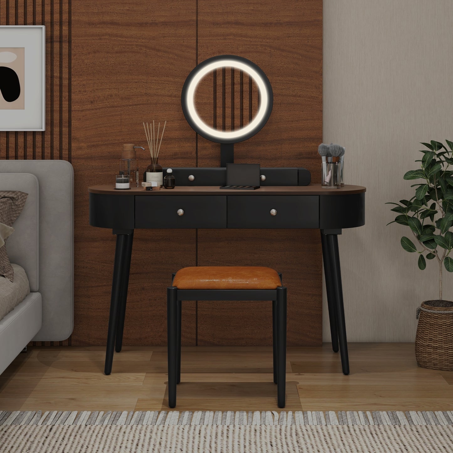 Makeup Vanity Table Set with Adjustable LED Mirror, Cushioned Stool and 4 Storage Drawers – Black & Brown