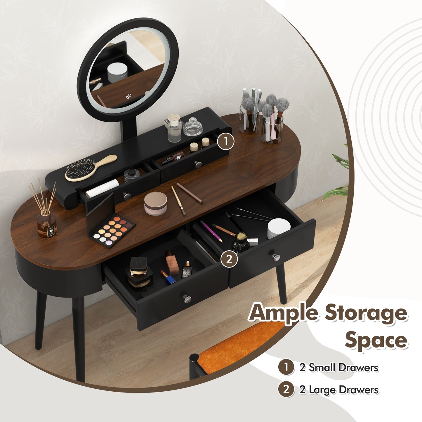 Makeup Vanity Table Set with Adjustable LED Mirror, Cushioned Stool and 4 Storage Drawers – Black & Brown