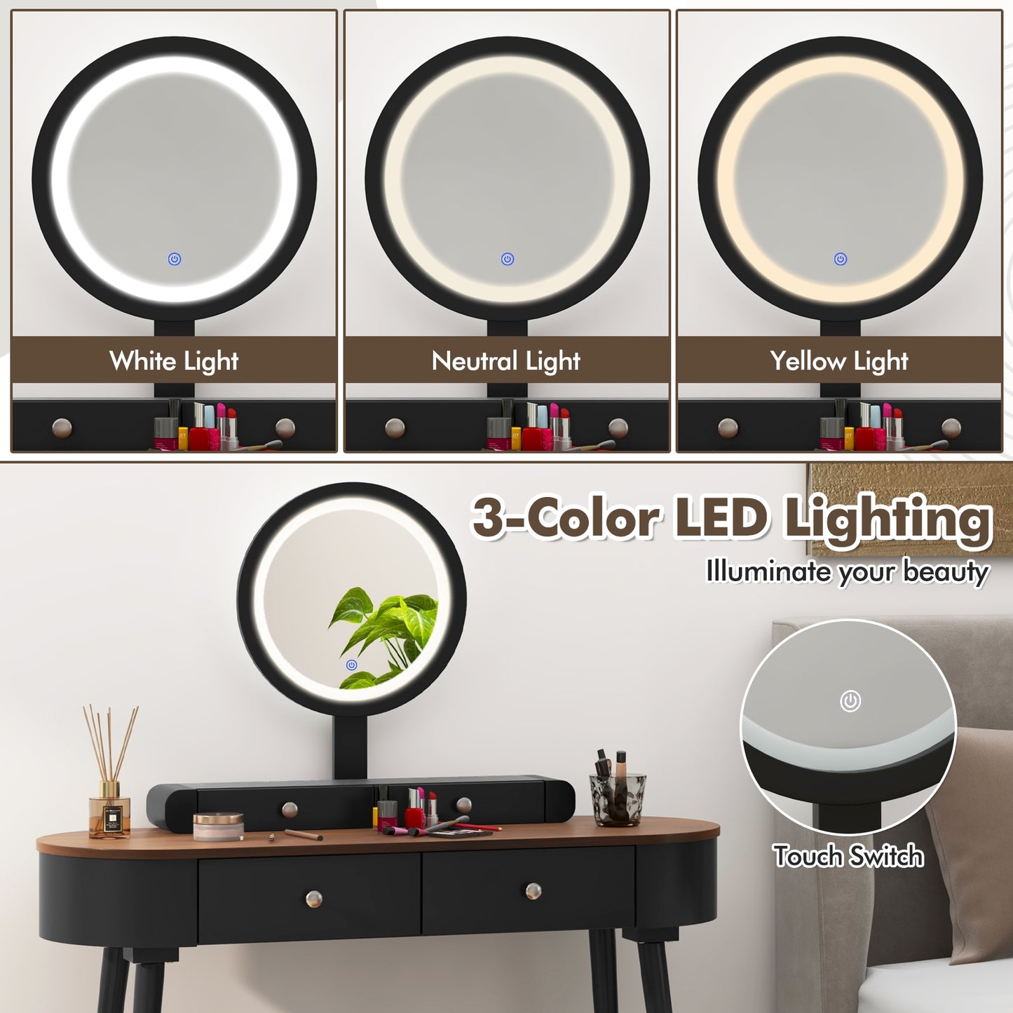 Makeup Vanity Table Set with Adjustable LED Mirror, Cushioned Stool and 4 Storage Drawers – Black & Brown