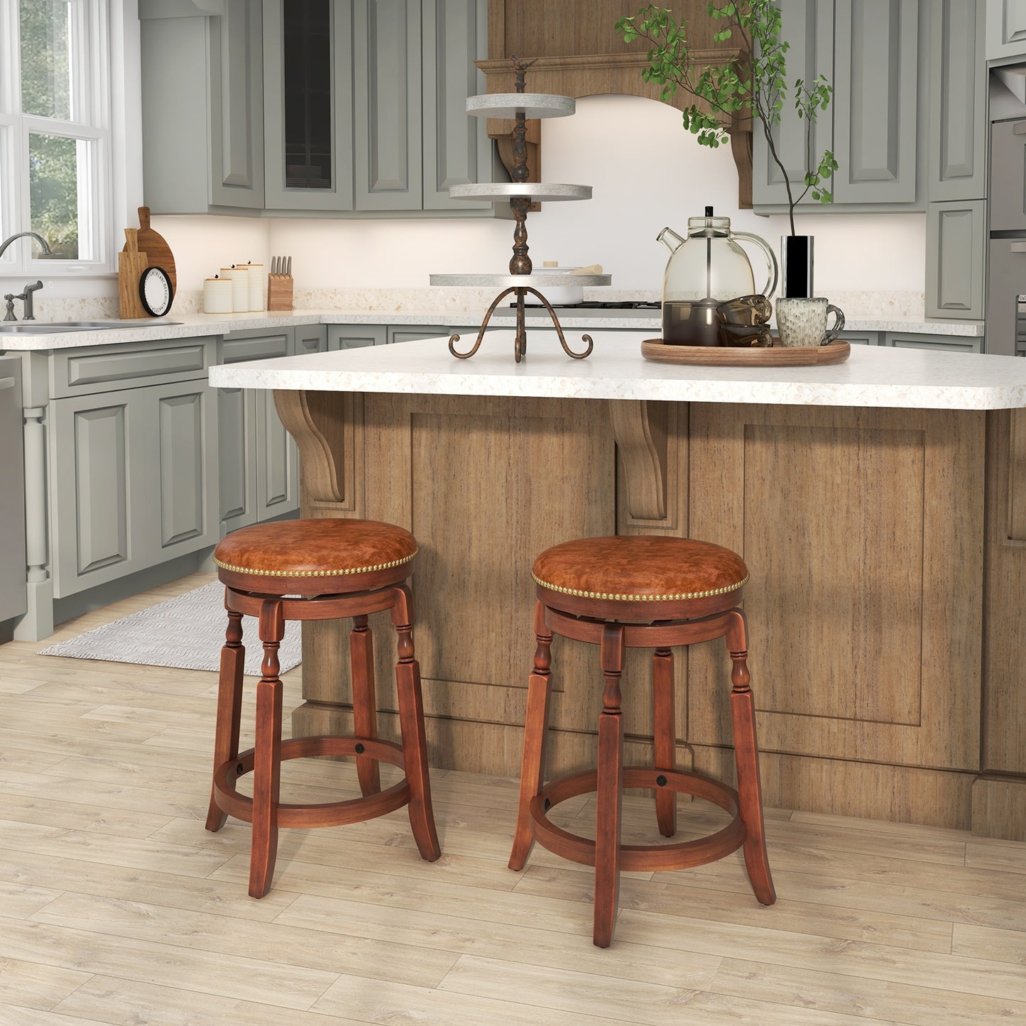 Set of 2 Upholstered Swivel Bar Stools with Rubber Wood Frame and Vintage Rivet Detailing - 24 inch