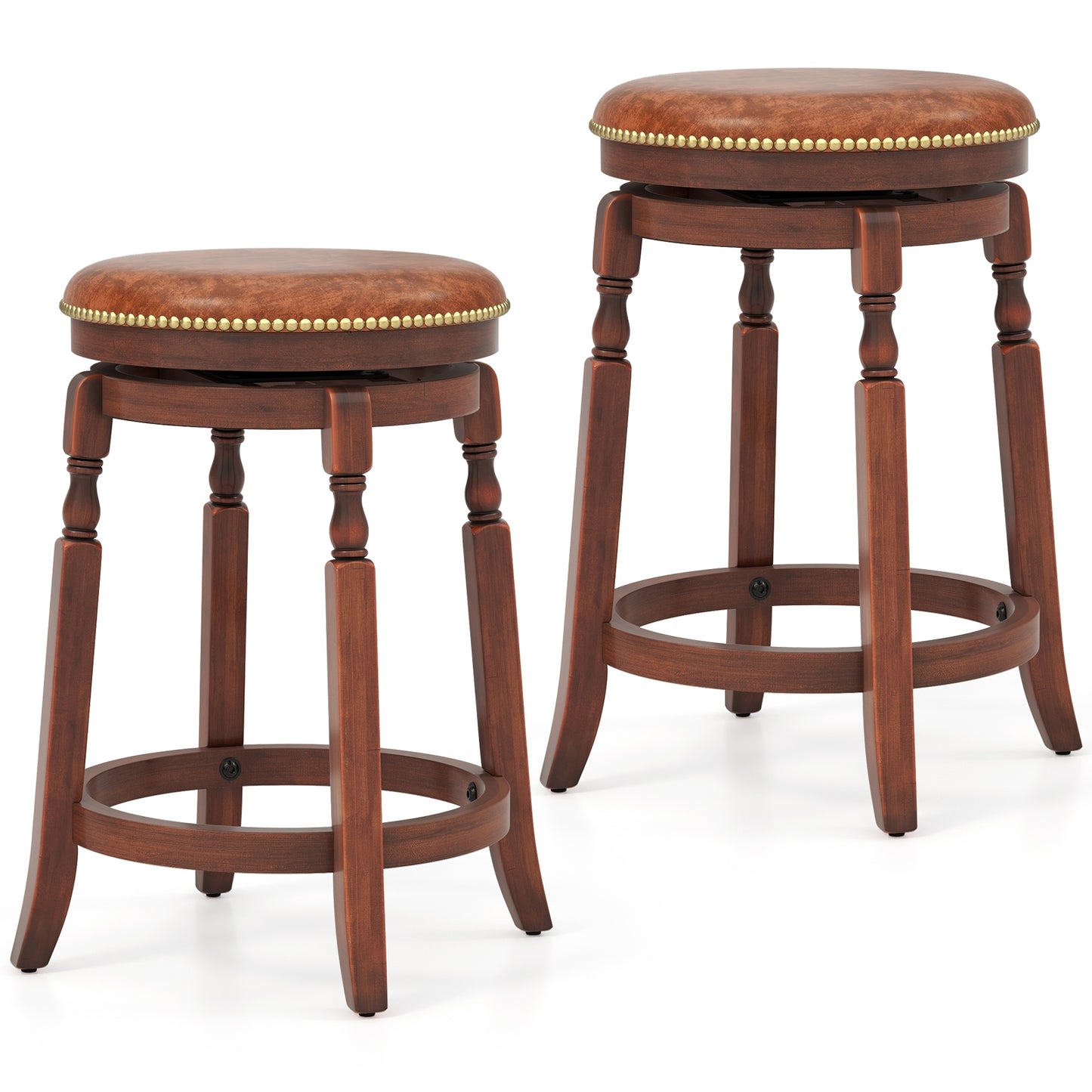 Set of 2 Upholstered Swivel Bar Stools with Rubber Wood Frame and Vintage Rivet Detailing - 24 inch