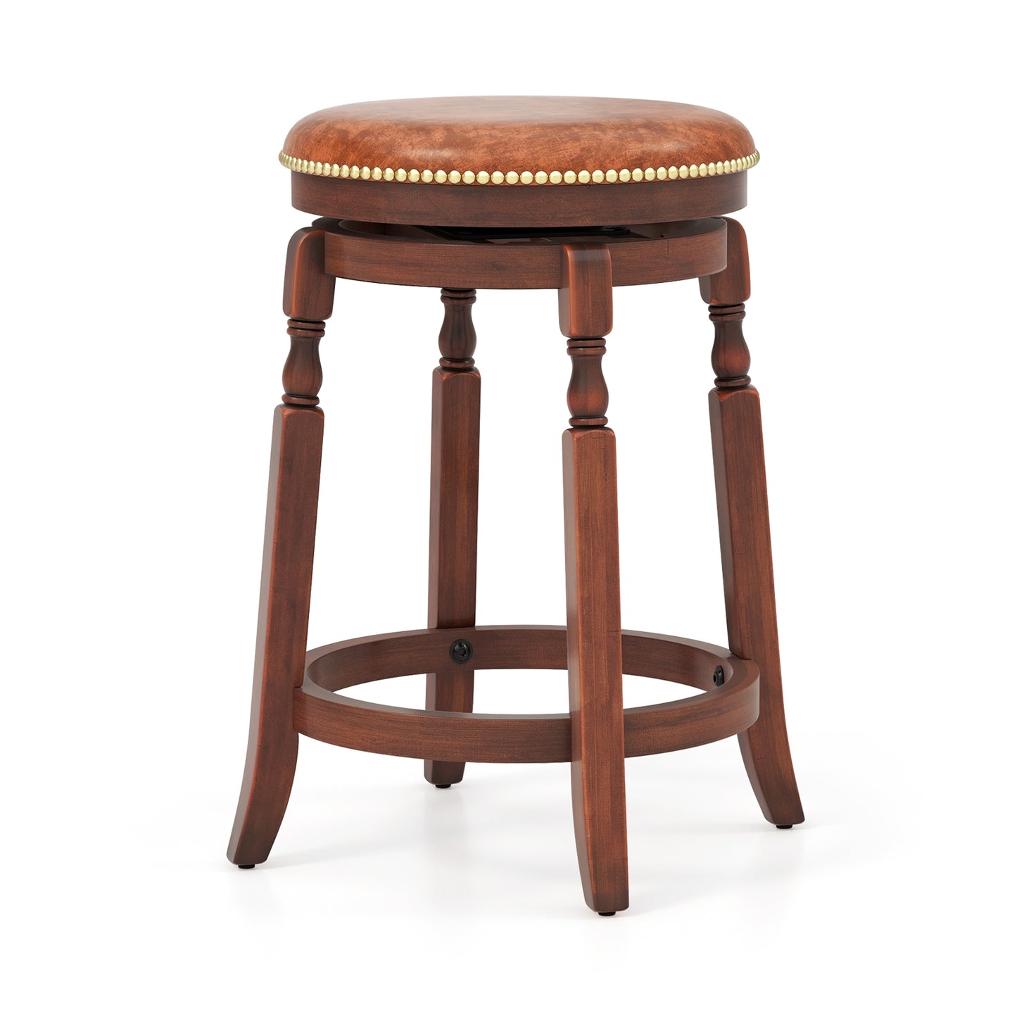 Set of 2 Upholstered Swivel Bar Stools with Rubber Wood Frame and Vintage Rivet Detailing - 24 inch