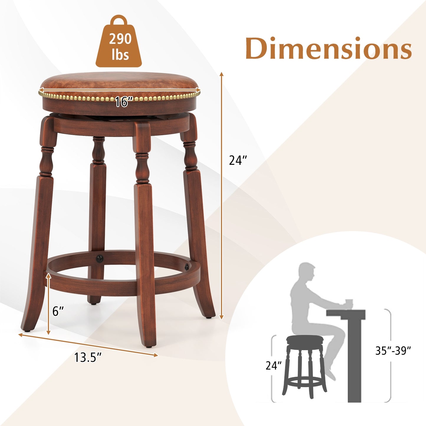 Set of 2 Upholstered Swivel Bar Stools with Rubber Wood Frame and Vintage Rivet Detailing - 24 inch