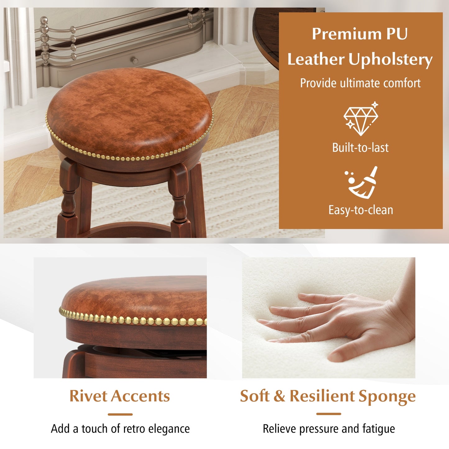 Set of 2 Upholstered Swivel Bar Stools with Rubber Wood Frame and Vintage Rivet Detailing - 24 inch