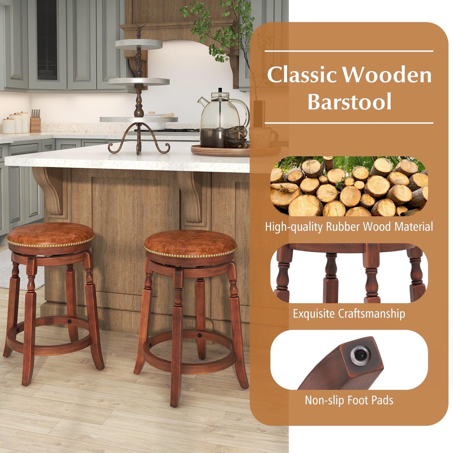 Set of 2 Upholstered Swivel Bar Stools with Rubber Wood Frame and Vintage Rivet Detailing - 24 inch
