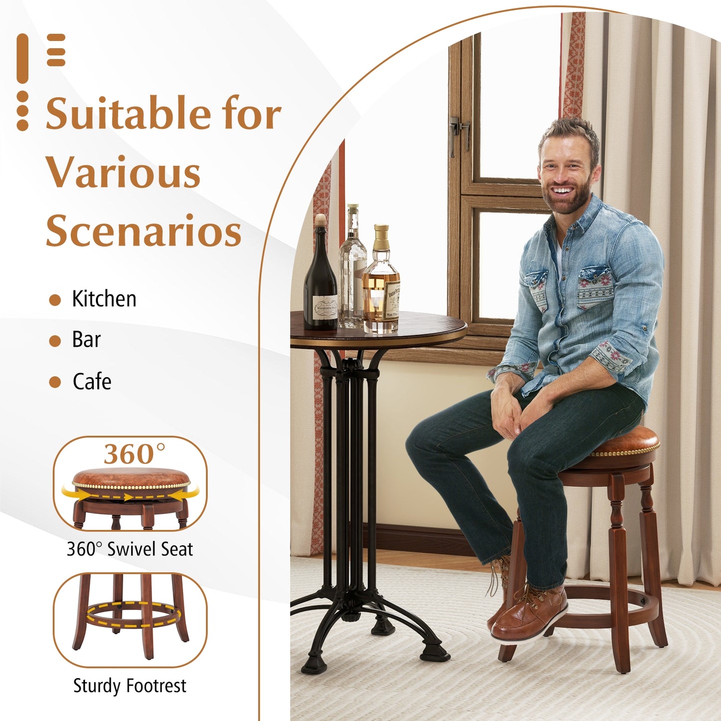 Set of 2 Upholstered Swivel Bar Stools with Rubber Wood Frame and Vintage Rivet Detailing - 24 inch